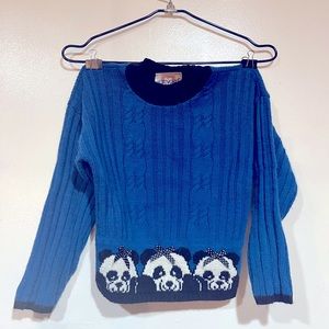 Heart Works vintage sweater kids size L blue knit panda sweater with bows